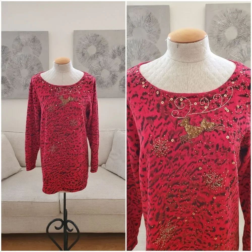 Jack B Quick Beaded Reindeer Christmas Tunic Sweater Sz XL
